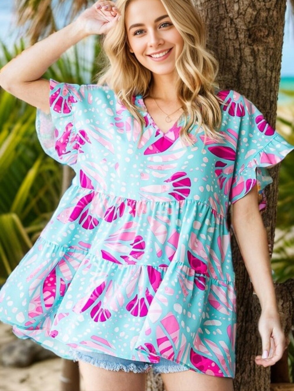 New Heimish Light Blue Geometric Tiered Top